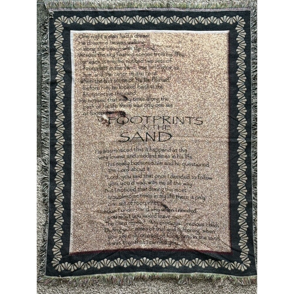 FOOTPRINTS IN THE SAND Throw/Blanket Tapestry Religious Inspirational EUC 67x51"